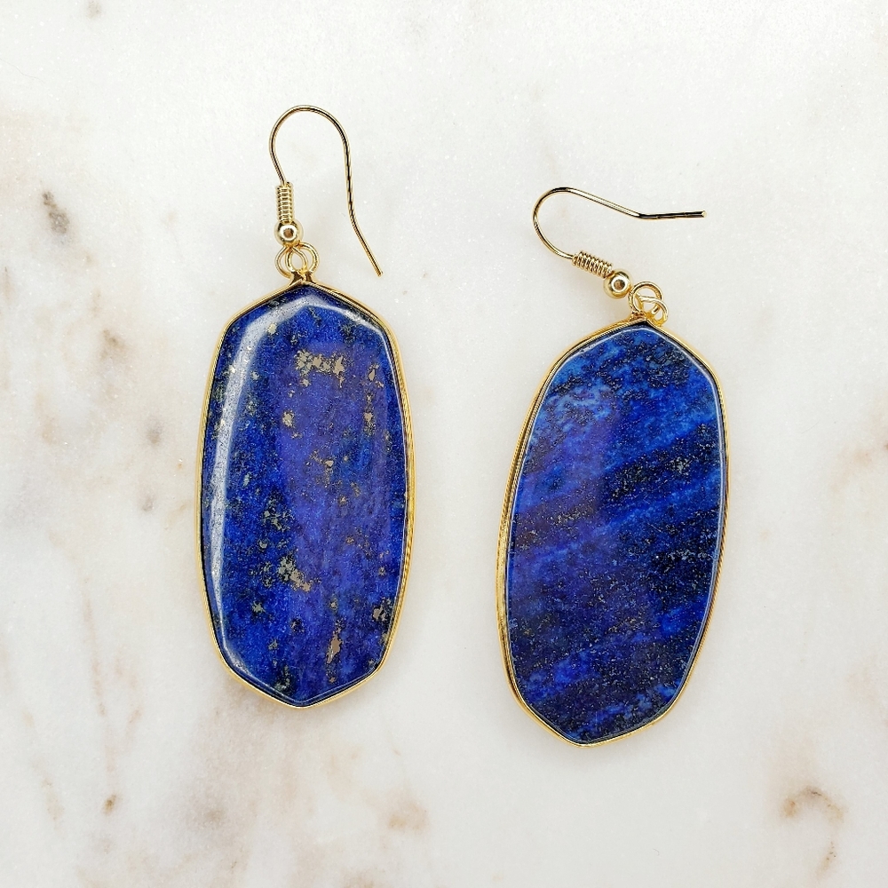 Lapis Lazuli Oval Drop Earrings Gold Tone - Picture 2 of 2